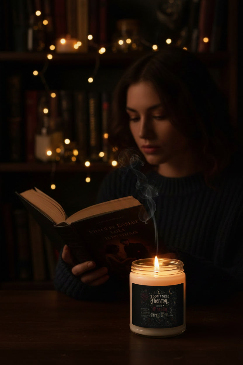 A white wax candle in a clear glass jar with a black metal lid and a black label featuring gothic-style text and illustrations.