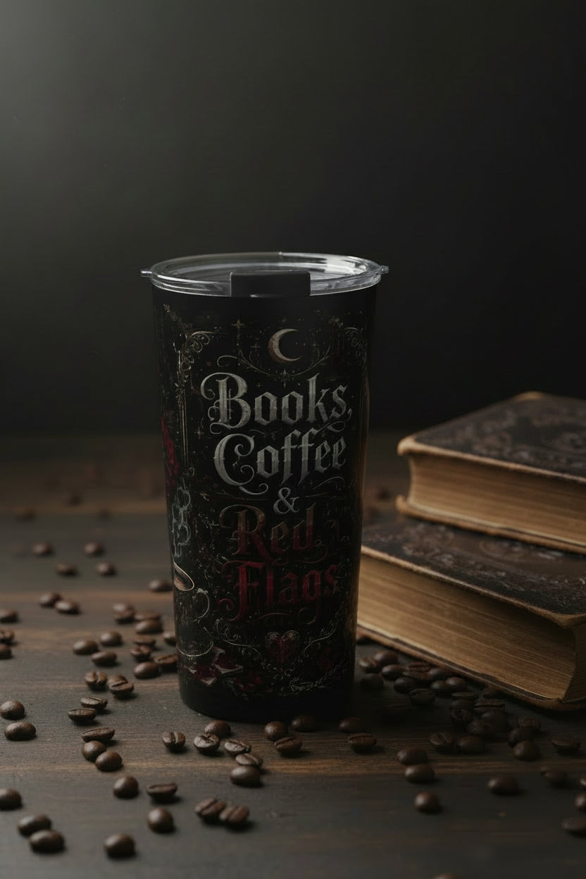 A tall black insulated tumbler with a clear lid, featuring the phrase 'Books Coffee & Red Flags' in decorative white and red lettering on a white background.